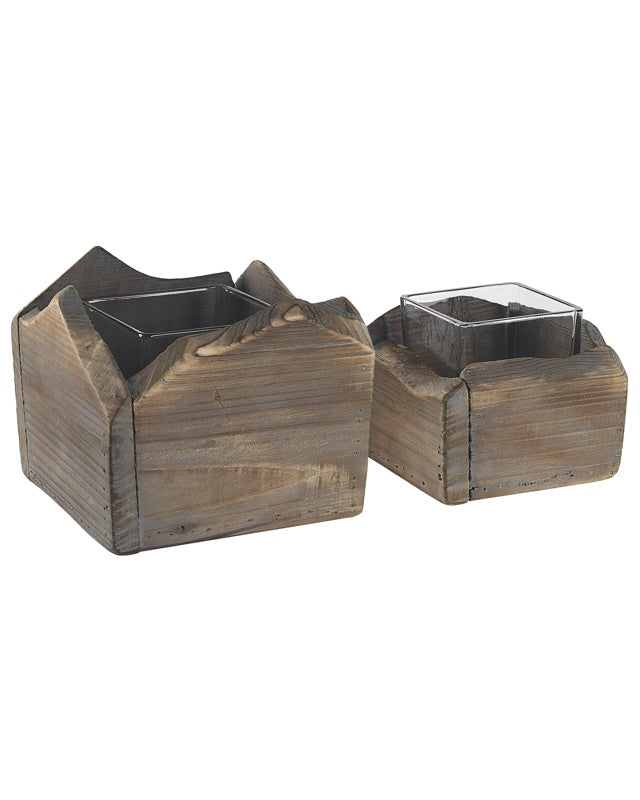 Set of 2 Candleholders Dark Wood Distressed Look Handmade Natural Rustic Beliani