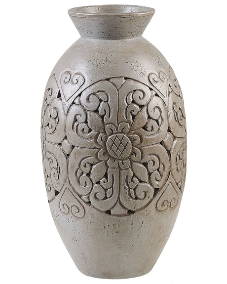 Tall Decorative Vase Grey Terracotta 52 cm Handmade Painted Floor Vase Carved Floral Motif Beliani