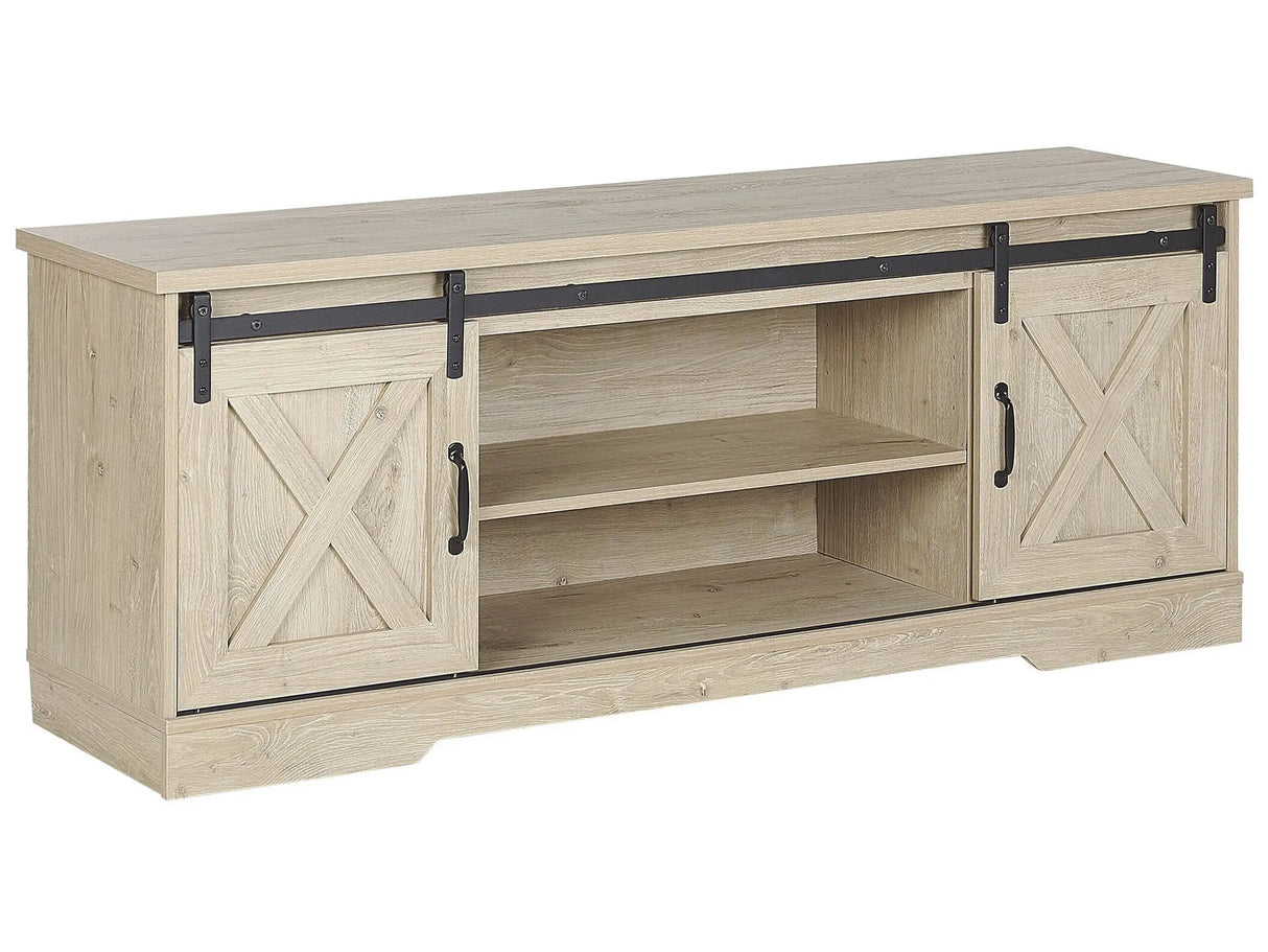 TV Stand Light Wood Storage Media Unit for up to 70 TV with Shelves Sliding Doors Rustic Style Beliani