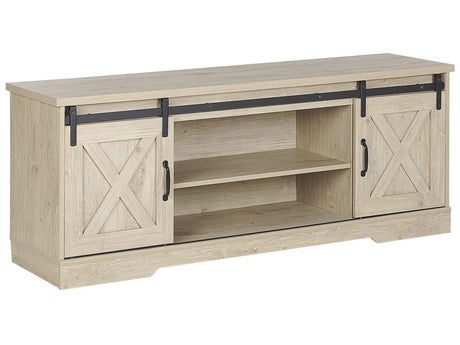 TV Stand Light Wood Storage Media Unit for up to 70 TV with Shelves Sliding Doors Rustic Style Beliani