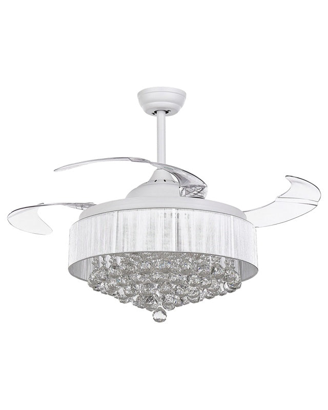 Ceiling Fan with Light White Metal Acrylic Crystals Foldable Blades Glam Shade with Remote Control 3 Speeds Switch Timer Light Adjustment Beliani