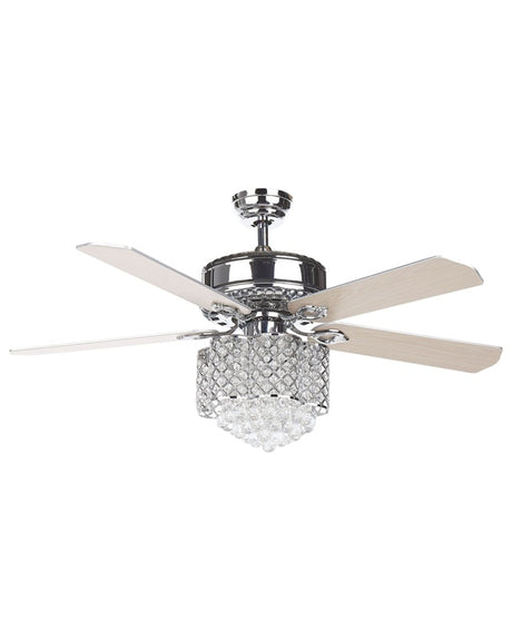 Ceiling Fan with Light Silver Metal Crystal Glass Reversible Blades with Remote Control 3 Speeds Switch Timer Glamour Design Beliani