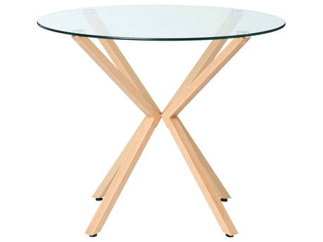Round Dining Table Tempered Glass Top Light Wood  90 cm Scandinavian Beliani