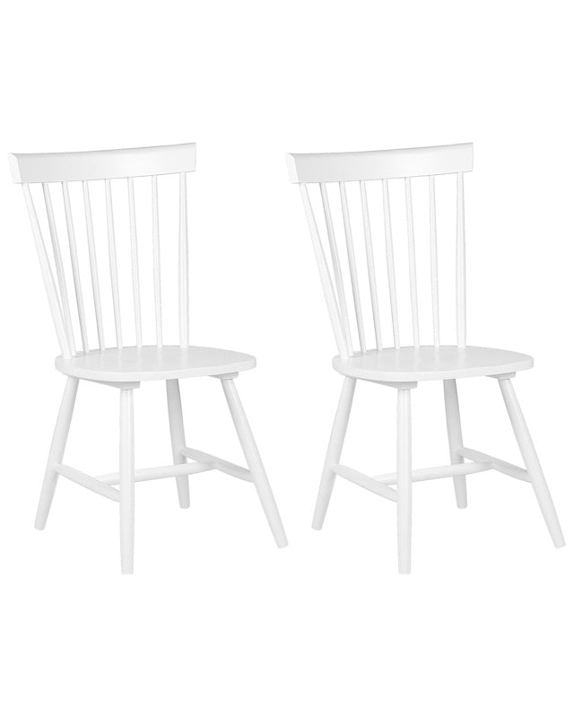 Set of 2 Dining Chairs White Rubberwood Rustic Vintage High Spindle Back Painted Living Room Beliani