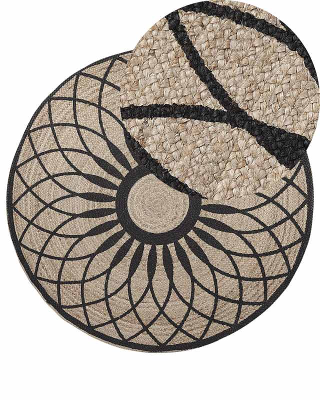 Area Rug Beige Black Round 140 cm Boho Mandala Print Rustic Jute Beliani