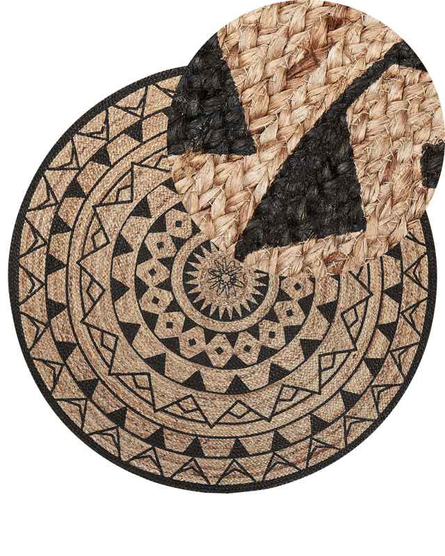 Area Rug Beige Black Round 140 cm Boho Rustic Spiral Braided Jute Beliani