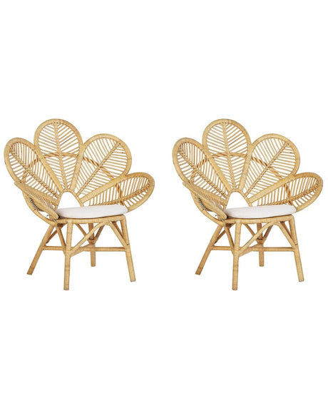 Set of 2 Peacock Chairs Beige Rattan Cotton Seat Pads Garden Outdoor Indoor Boho Beliani