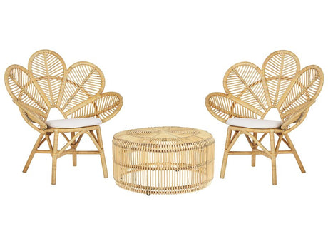 Bistro Set Beige Rattan 2 Chairs 1 Coffee Table Outdoor Indoor Cotton Seat Pads Boho Rustic Beliani