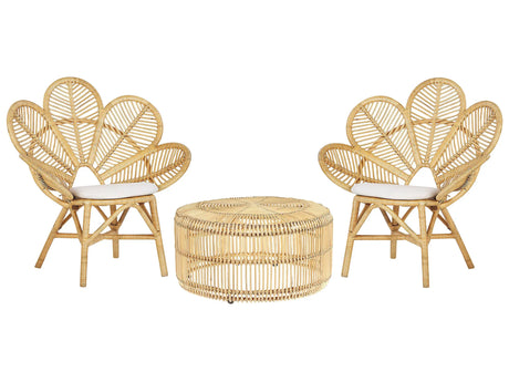 Bistro Set Beige Rattan 2 Chairs 1 Coffee Table Outdoor Indoor Cotton Seat Pads Boho Rustic Beliani