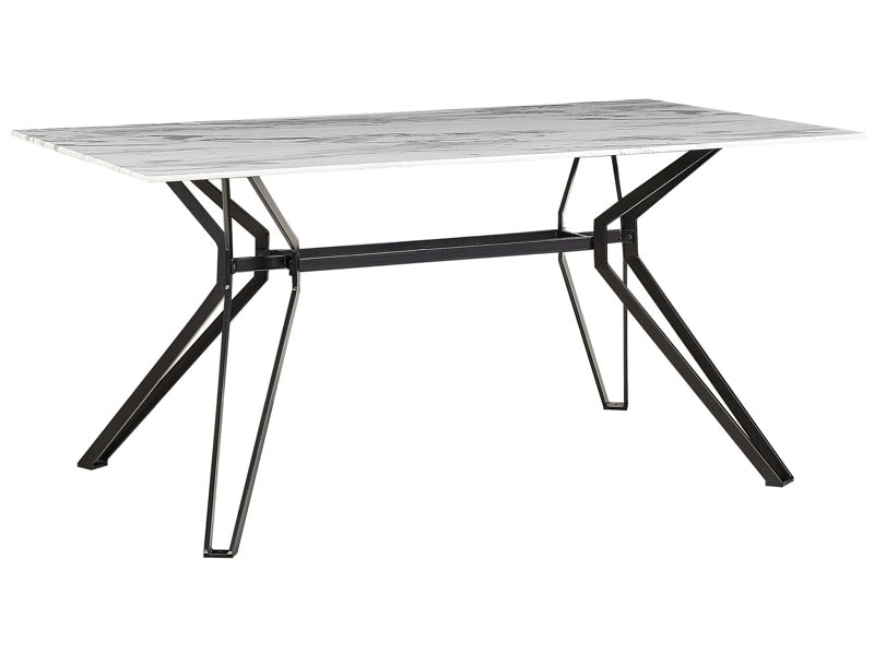 Dining Table Marble Effect Veneer Black Metal Legs Tempered Glass Top Rectangular 160 x 90 cm Modern Design Beliani