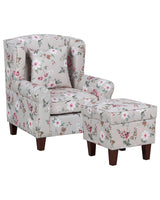 Armchair with Footstool Light Grey Floral Pattern Fabric Wooden Legs Wingback Style Beliani