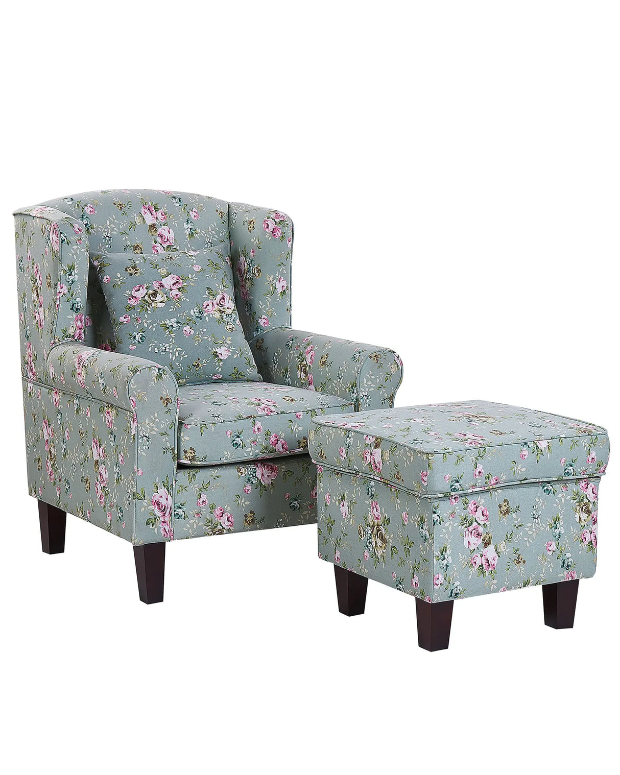 Armchair with Footstool Green Floral Pattern Fabric Wooden Legs Wingback Style Beliani