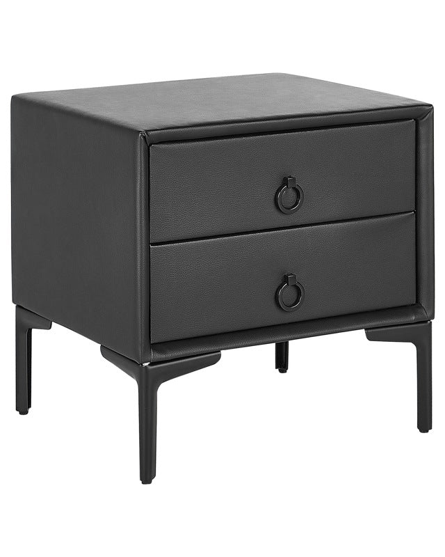 Bedside Table Black PU Faux Leather Metal Legs with 2 Storage Drawers 44x 38 cm Nightstand Beliani