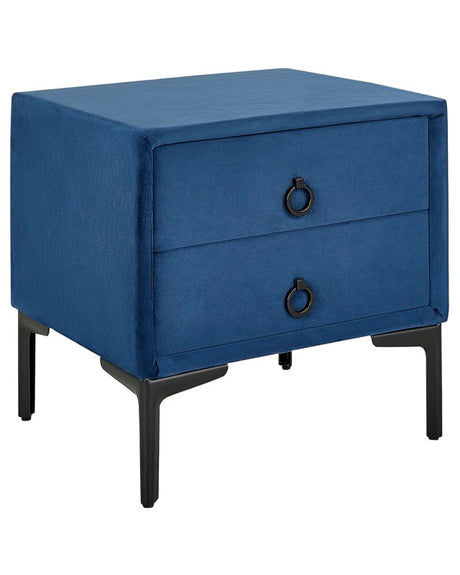 Bedside Table Blue Velvet Black Metal Legs with 2 Storage Drawers 44x 38 cm Nightstand Beliani