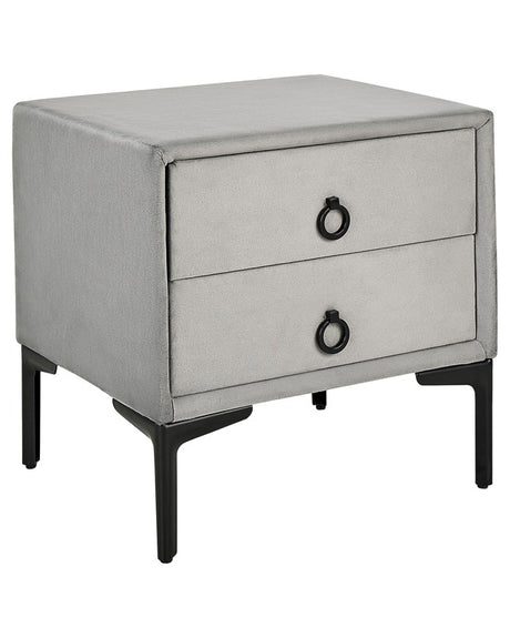 Bedside Table Light Grey Velvet Black Metal Legs with 2 Storage Drawers 44x 38 cm Nightstand Beliani