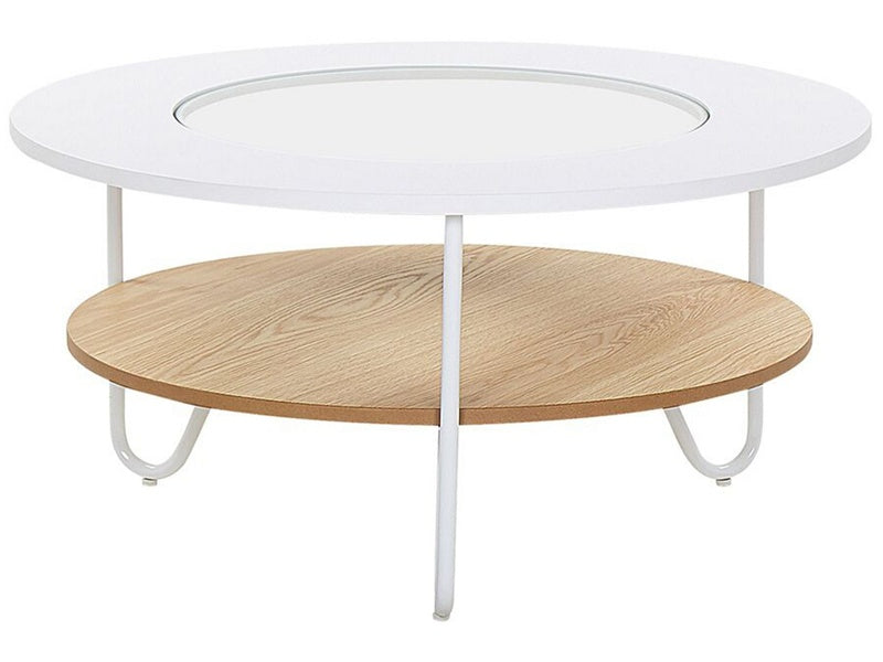 Modern Round Coffee Table White Top with Glass Hairpin Legs MDF Light Wood Shelf ø 80 cm Beliani