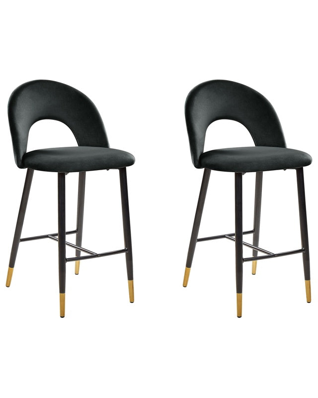 Set of 2 Bar Chairs Black Velvet Black Steel Retro Design Golden Ends Dining Room Beliani