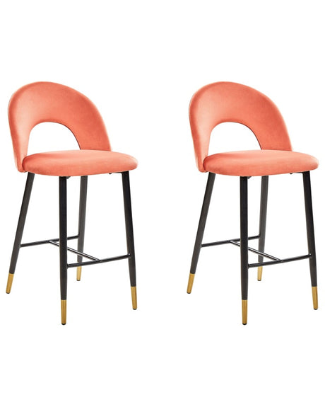 Set of 2 Bar Chairs Coral Red Velvet Black Steel Retro Design Golden Ends Dining Room  Beliani