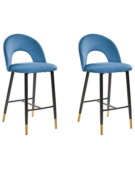 Set of 2 Bar Chairs Blue Velvet Black Steel Retro Design Golden Ends Dining Room Beliani