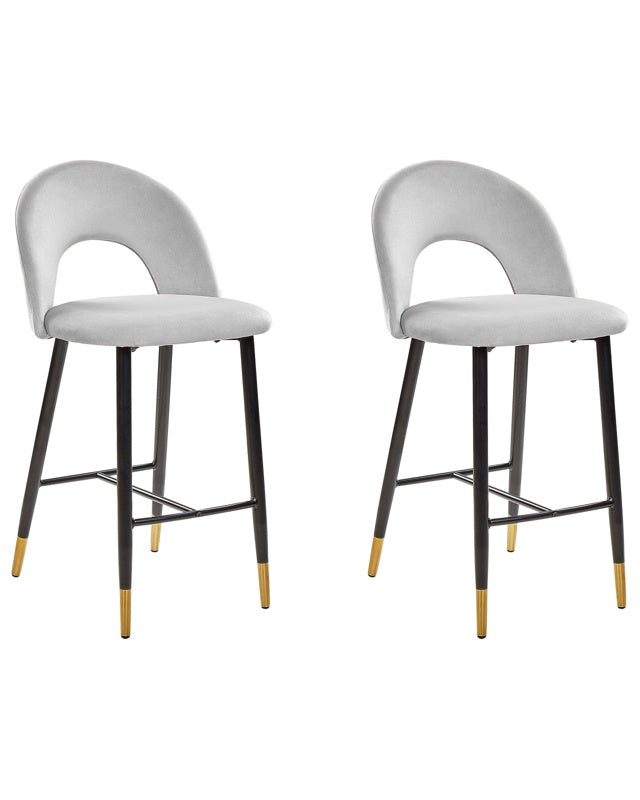 Set of 2 Bar Chairs Grey Velvet Black Steel Retro Design Golden Ends Dining Room Beliani