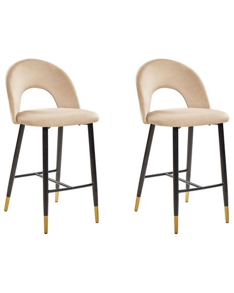 Set of 2 Bar Chairs Beige Velvet Black Steel Retro Design Golden Ends Dining Room Beliani