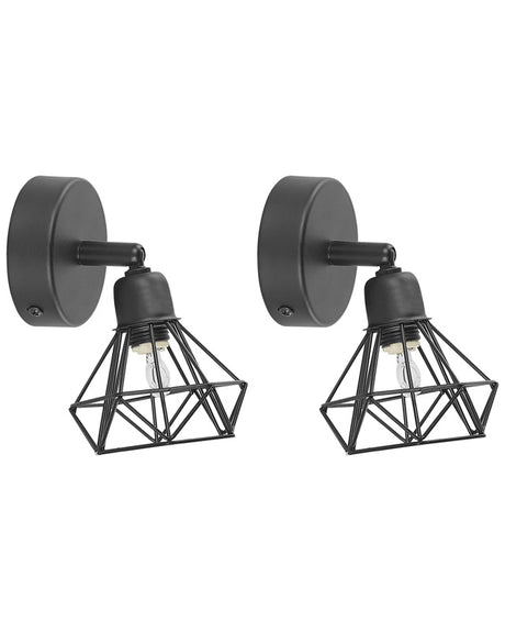 Set of 2 Wall Lamp Black Metal Cage Shade Adjustable Light Position Modern Beliani