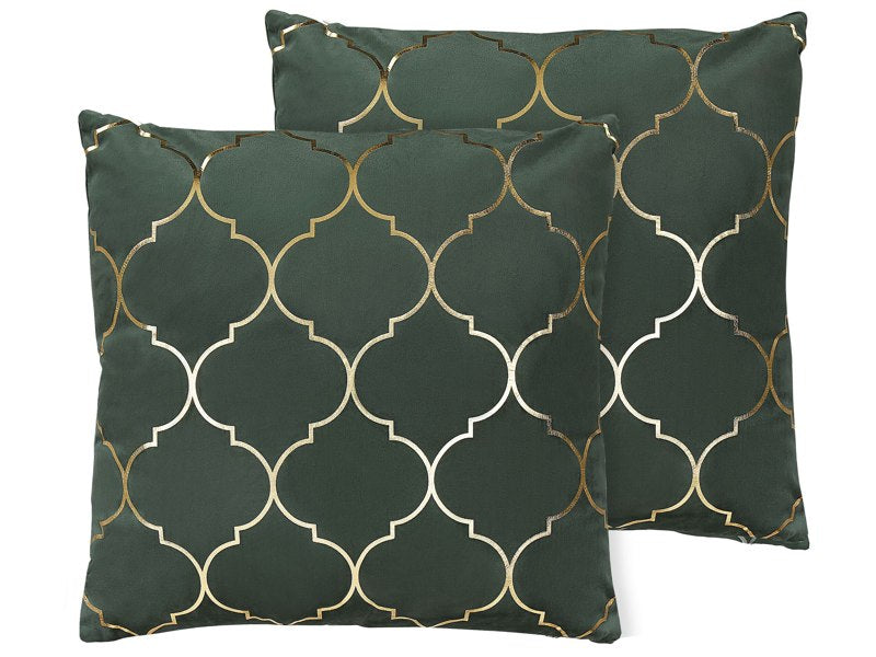 Set of 2 Decorative Cushions Green Velvet 45 x 45 cm Quatrefoil Pattern Foil Print Moroccan Clover Glamour Beliani