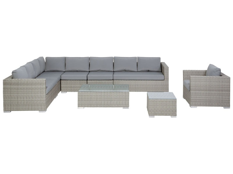 Garden Corner Sofa Set Grey Faux Rattan Cushions 8 Seater with Armchair Table Ottoman Outdoor Wicker Conversation Set Beliani