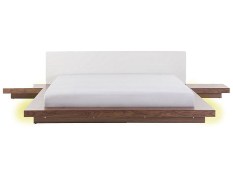 Japan LED Bed Frame Brown EU Super King Size 6ft Wood Veneer MDF Faux Leather Headboard Low Profile Bedroom Beliani