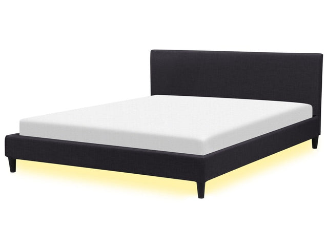 EU Super King Size Panel Bed 6ft Black Fabric Slatted Frame with White LED Contemporary Beliani