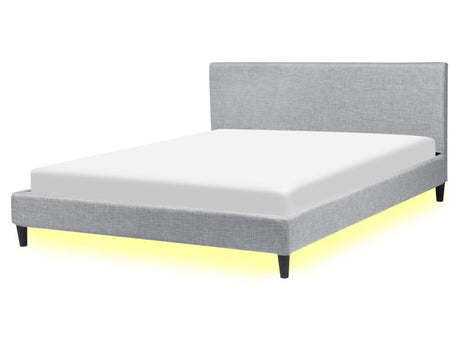 EU King Size Panel Bed 5ft3 Grey Fabric Slatted Frame with White LED Contemporary Beliani