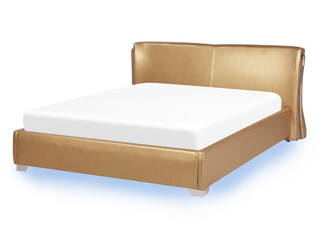 Waterbed Gold Leather Upholstered EU Double Size LED Lights Modern Glamorous Design Curved Headrest Beliani