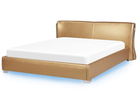 EU Super King Size Panel Bed 6ft Gold Leather with LED Slatted Frame Contemporary Beliani