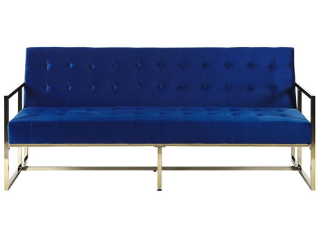 Sofa Bed Blue Velvet Tufted Upholstery 3 Seater Gold Metal Frame with Armrests Retro Style Beliani