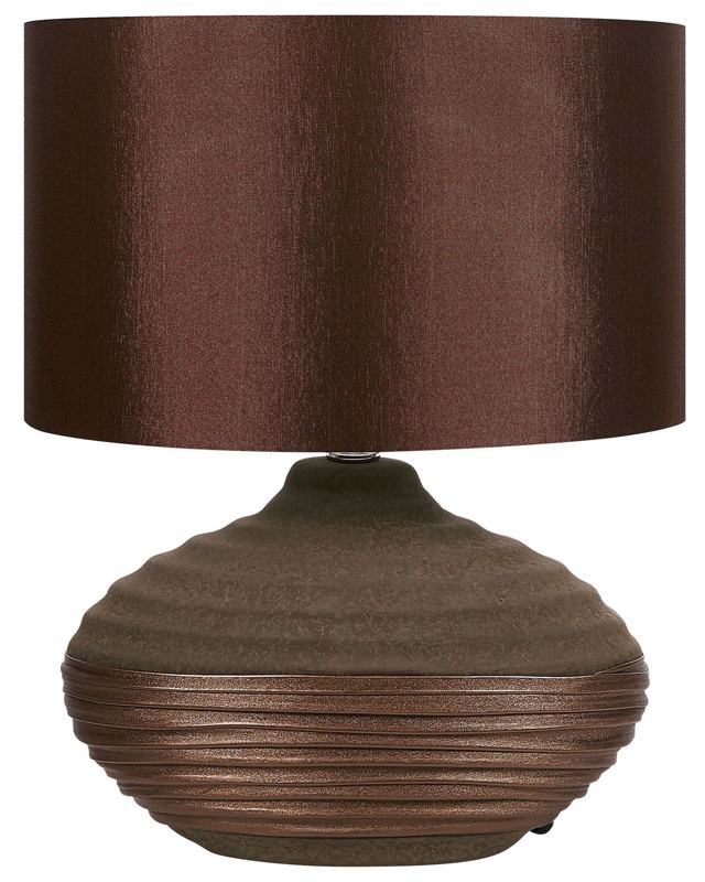 Table Lamp Brown Ceramic Base Faux Silk Drum Shade Bedside Table Lamp Beliani