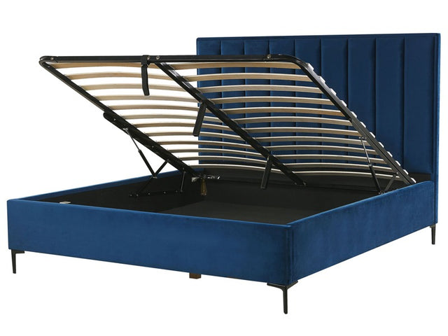 Bed Frame Navy Blue Velvet EU Super King Size 6ft with Ottoman Storage Padded Headboard Black Metal Legs Beliani