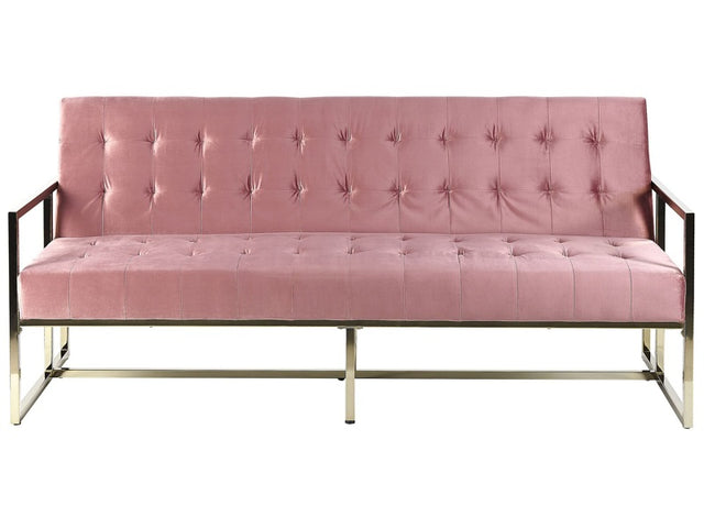 Sofa Bed Gold Metal Frame Tufted Pink Velvet Upholstery Retro Style Couche Settee Living Room Beliani