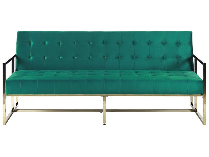 Sofa Bed Green Velvet Tufted Upholstery 3 Seater Gold Metal Frame with Armrests Retro Style Beliani