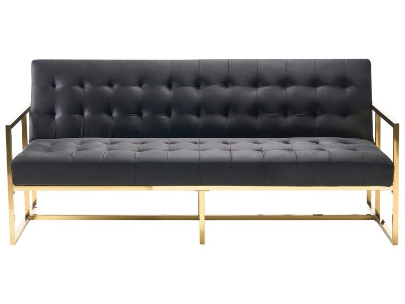 Sofa Bed Blue Velvet Tufted Upholstery 3 Seater Gold Metal Frame with Armrests Retro Style Beliani