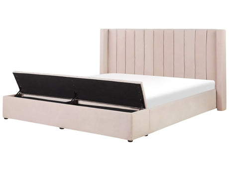 EU Super King Size Panel Bed Pastel Pink Velvet 6ft Slatted Base High Headrest with Storage Bench Beliani