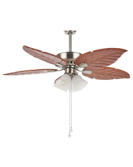 Ceiling Fan with Light Silver Metal Wooden Leaf-Shaped Reversible Blades with Pull Chain Speed Control Retro Design Beliani