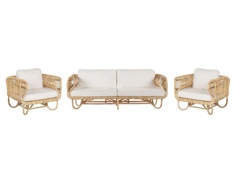 Sofa Set Beige Natural Rattan 2-Seater and Armchairs with Cotton Cushions Wicker Boho Design Beliani