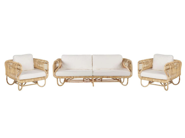 Sofa Set Beige Natural Rattan 2-Seater and Armchairs with Cotton Cushions Wicker Boho Design Beliani