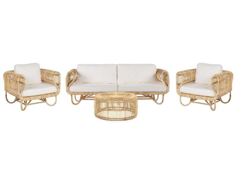 Sofa Set Beige Natural Rattan 3-Seater and Armchairs with Coffee Table Wicker Boho Design Beliani