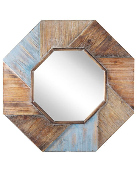 Wall Mirror Dark Wood with Blue Octagonal Solid Wood Frame 77 x 77 cm Handmade Decorative Rustic Beliani