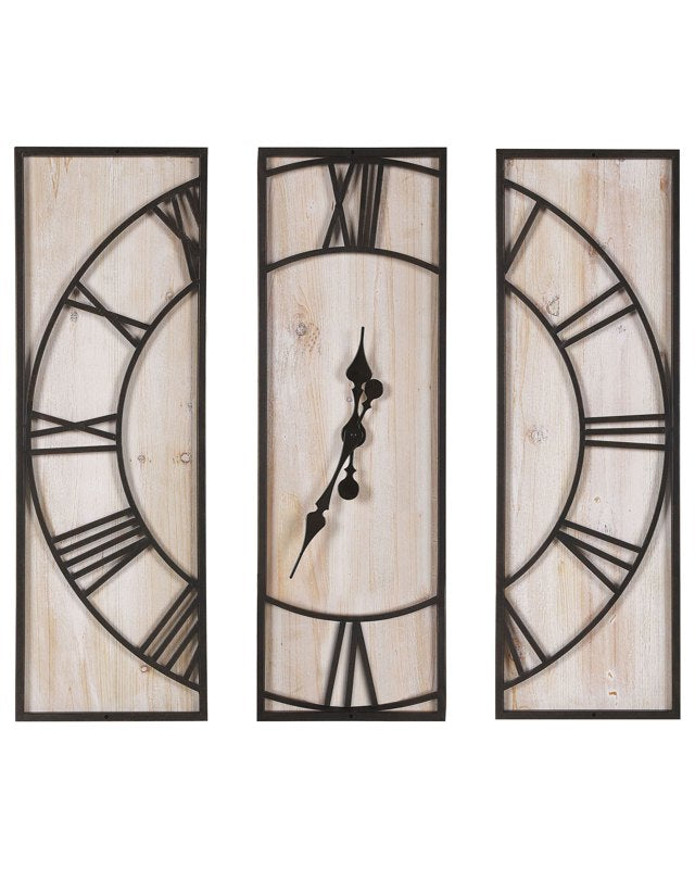 Wall Clock Light Wood 3 Piece 75 x 75 cm Handmade Black Metal Frame Beliani