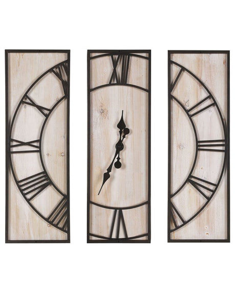 Wall Clock Light Wood 3 Piece 75 x 75 cm Handmade Black Metal Frame Beliani