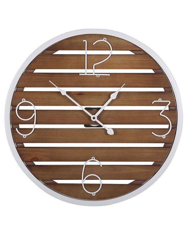 Wall Clock Dark Wood Round ø 50 cm Handmade Slatted Face White Metal Frame Beliani