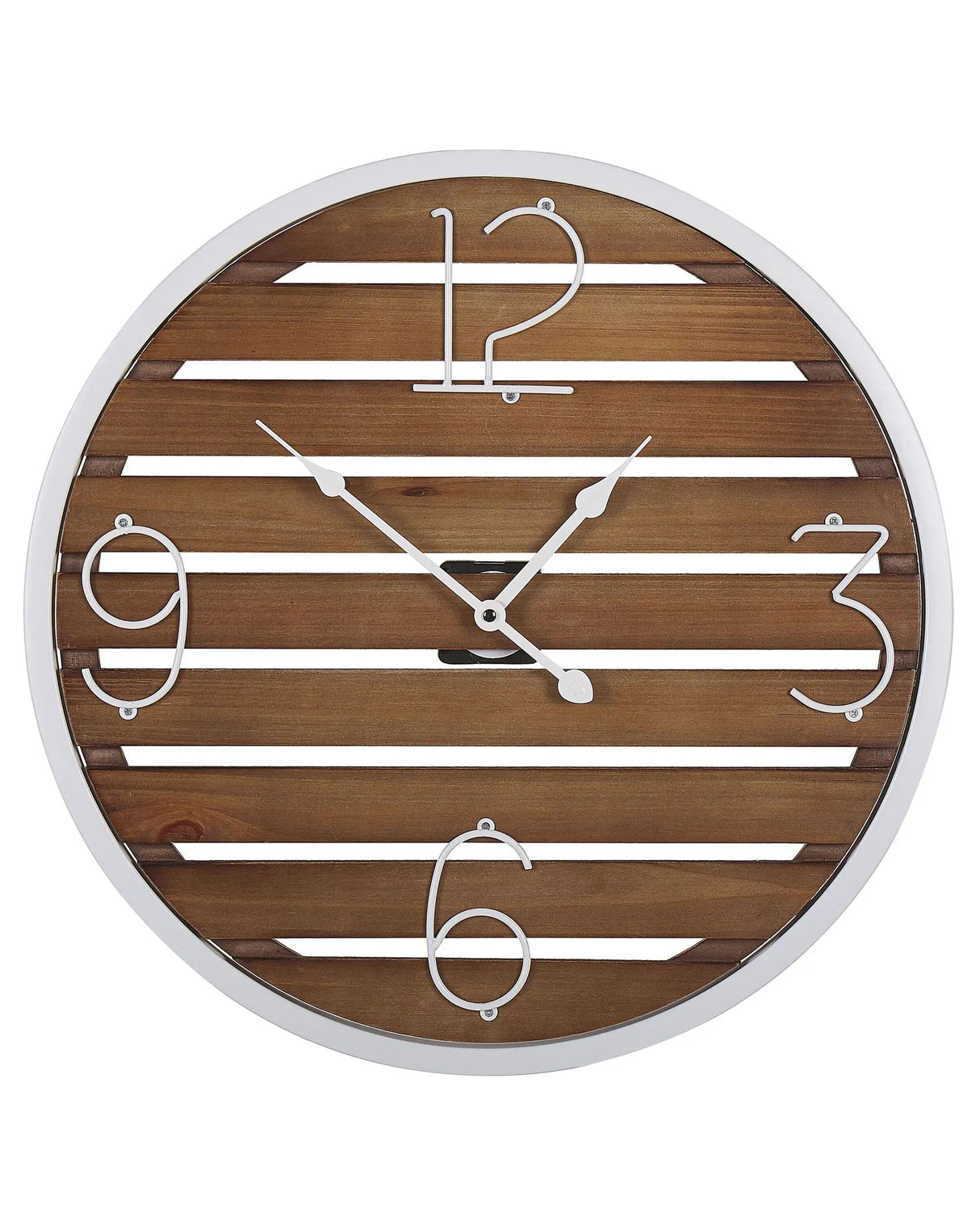 Wall Clock Dark Wood Round  50 cm Handmade Slatted Face White Metal Frame Beliani