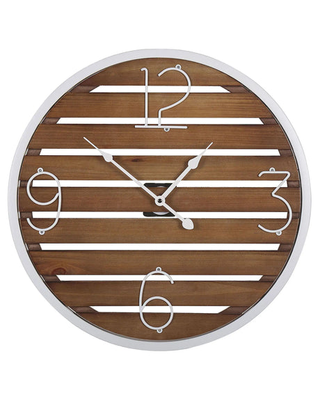 Wall Clock Dark Wood Round  50 cm Handmade Slatted Face White Metal Frame Beliani